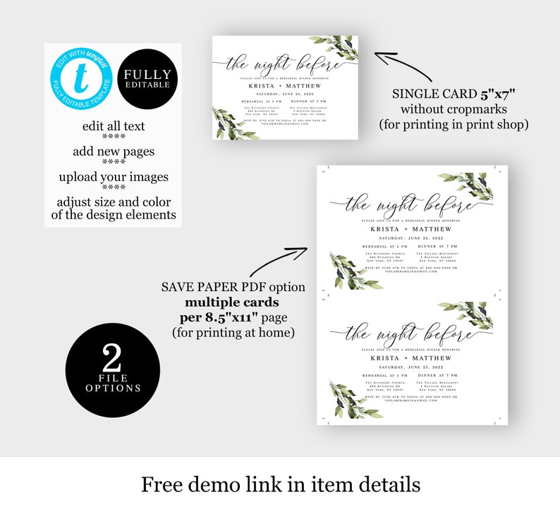 May include: Editable printable invitation template for a rehearsal dinner. The invitation features a watercolor design with green leaves and the text "the night before" in a script font. The invitation is available in two file options: a single 5x7 inch card for printing at a print shop and a multi-page 8.5x11 inch PDF for printing at home.