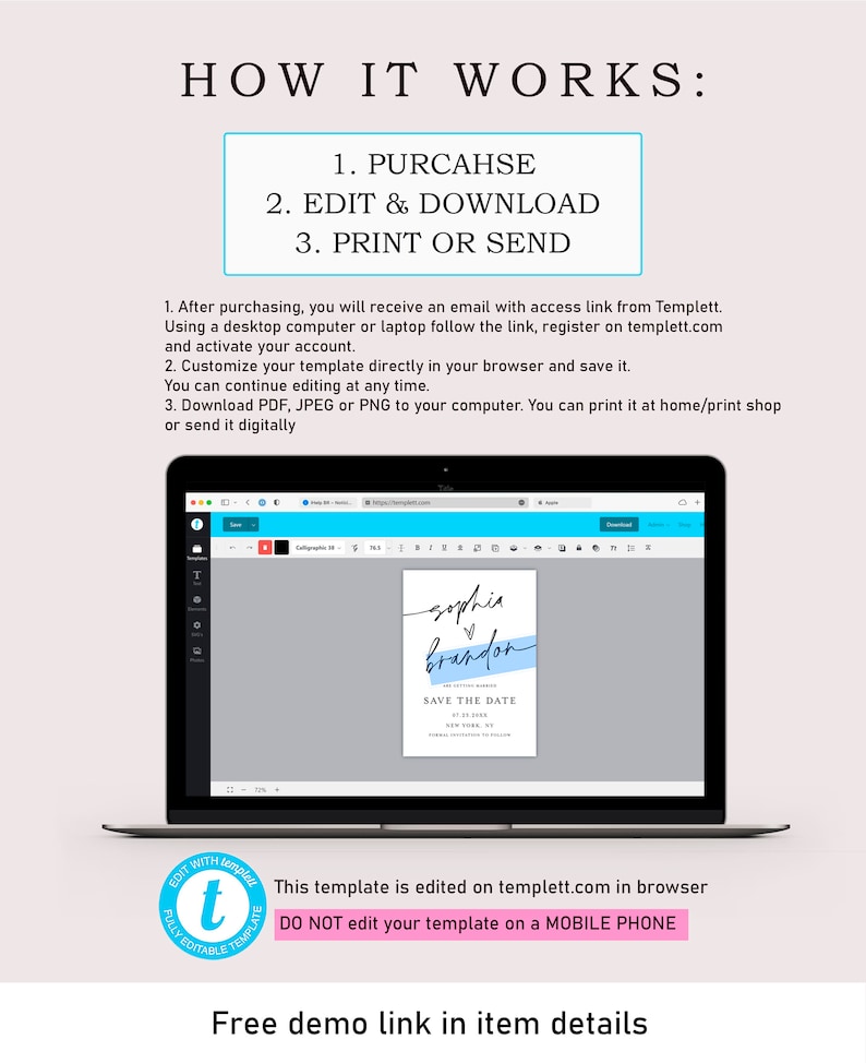 May include: A laptop screen displaying a wedding save the date template with the text "sophia brandon" in a blue and white color scheme. The text "Save the Date" is also included. The template is being edited on the Templett website. The text "This template is edited on templett.com in browser. DO NOT edit your template on a MOBILE PHONE." is displayed below the laptop.