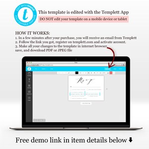 Pu&ograve; includere: Uno schermo di computer portatile che mostra un sito web con un modello di RSVP per matrimoni. Il modello &egrave; modificabile tramite l'app Templett. Il testo sullo schermo recita "RSVP". Il testo sullo schermo recita anche "NON MODIFICARE il tuo modello su un dispositivo mobile o tablet".
