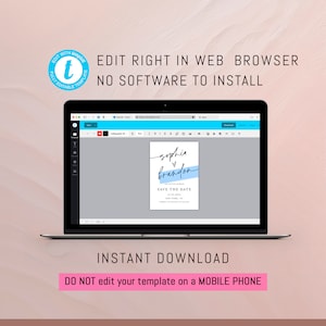 Może przedstawiać: Ekran laptopa wyświetlający stronę internetową z szablonem karty z zaproszeniem na ślub. Szablon jest przeznaczony na ślub i zawiera imiona "sophia" i "brandon" w czarnym, ozdobnym piśmie z niebieskim i białym akcentem. Tekst "Save the Date" jest w czarnym kolorze. Tekst "EDIT RIGHT IN WEB BROWSER NO SOFTWARE TO INSTALL" jest wyświetlany nad ekranem laptopa. Tekst "INSTANT DOWNLOAD" jest wyświetlany pod ekranem laptopa. Tekst "DO NOT edit your template on a MOBILE PHONE" jest wyświetlany pod ekranem laptopa. Tekst "Free demo link in the description/item details" jest wyświetlany pod ekranem laptopa.