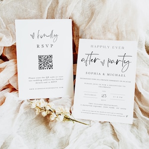 Zaproszenie na imprezę Happly Ever After z kodem QR RSVP, szablon zaproszenia na przyjęcie, nowoczesna karta informująca o ucieczce ślubnej #f43