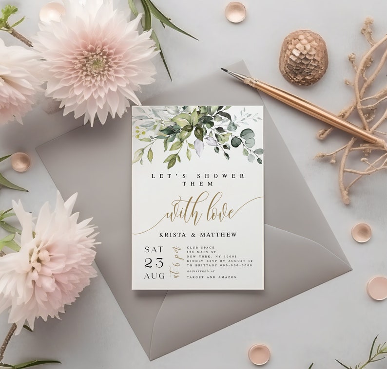 Greenery Geometric Invitation, Lets Shower Them With Love, 100% Editable, Wedding Couples, Instant download invite Templett Digital c61 image 1