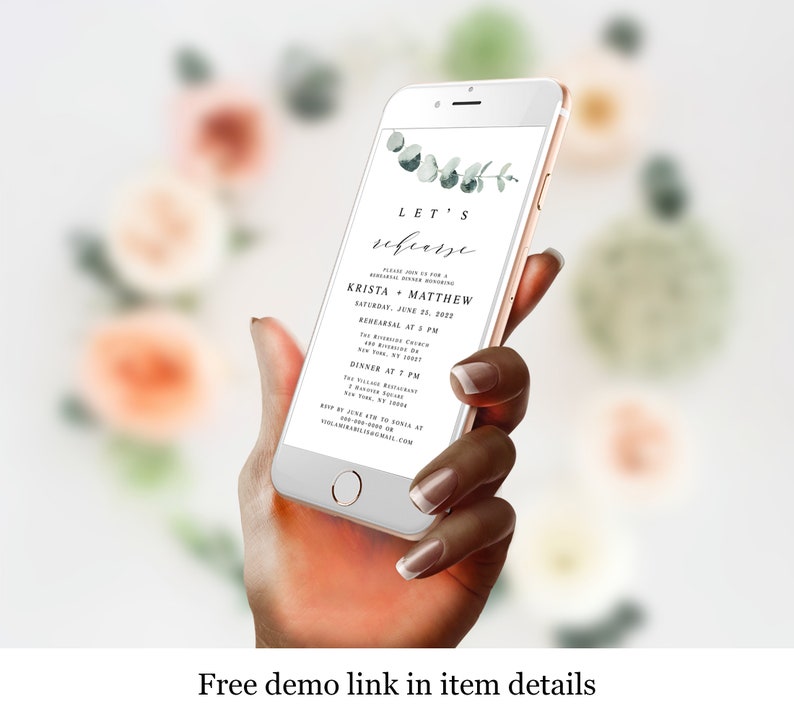 May include: A smartphone screen displaying a wedding rehearsal dinner invitation with a green watercolor floral design. The invitation reads "Let's rehearse" with the names Krista and Matthew, the date Saturday, June 25, 2022, and the times for the rehearsal and dinner.