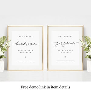 Bathroom Sign Template Templett, Download, Handsome, Gorgeous, Edit With Templett, Wedding Restroom, Ladies Room Sign, Toiletry Basket #f37