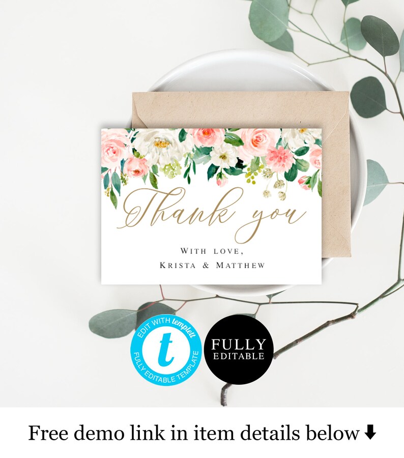 Blush Floral Thank you editable Instant download Wedding reception cards Printable Templett 100/% Editable text Invitation insert DIY #vmt423