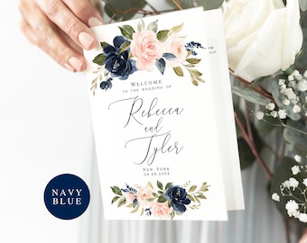 Navy Blue Wedding Program Template, Folded Booklet, Try Before You Buy, 100% Editable, Templett, Blush, Pastel, Pale Soft Pink, Boho #vmt31a