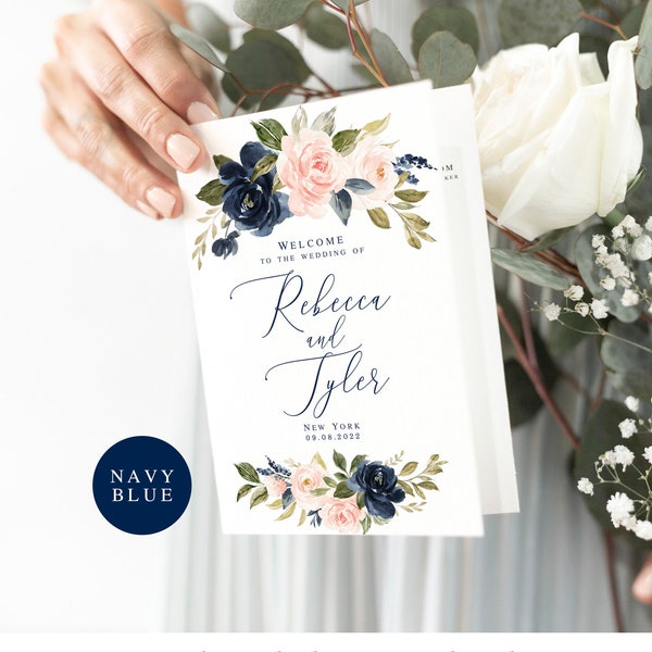 Plantilla de programa de boda azul marino, folleto plegado, prueba antes de comprar, 100% editable, Templett, rubor, pastel, rosa pálido suave, boho #vmt31a