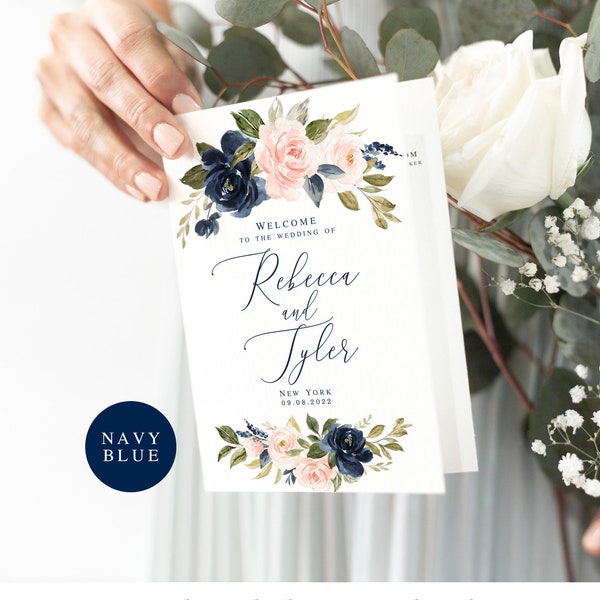 Navy Blue Wedding Program Template, Folded Booklet, Try Before You Buy, 100% Editable, Templett, Blush, Pastel, Pale Soft Pink, Boho #vmt31a