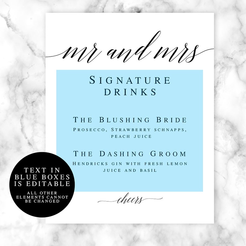 Mr and Mrs Signature drink sign download Editable template Wedding template DIY Signature cocktail sign Wedding drink menu template vm51 image 2