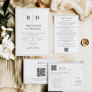 May include: A white wedding invitation with black text. The invitation features the couple's names, "Brittany and Daniel", the date and time of the wedding, and the location. The invitation also includes a QR code for RSVP.