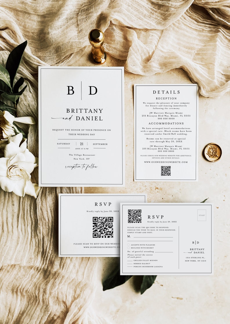 May include: A white wedding invitation with black text. The invitation features the couple's names, "Brittany and Daniel", the date and time of the wedding, and the location. The invitation also includes a QR code for RSVP.