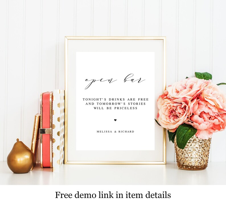 Self-Editing Minimalist #vmt310 Funny Printable Open Bar Sign Template Alcohol Fully Editable Templett Heart Customizable Cocktail