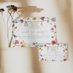 Demande de livre pour baby shower fleurs sauvages et cartes de tombola de couches, billets de tombola de couches florales, carte de livres pour bébé, téléchargement immédiat #c82