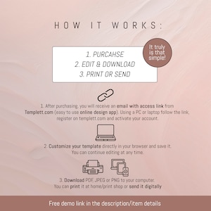 K&ouml;nnte beinhalten: Eine rosa und wei&szlig;e Grafik mit dem Text "HOW IT WORKS:" und einer Liste von Schritten: 1. Kaufen, 2. Bearbeiten & Herunterladen, 3. Drucken oder Senden. Die Grafik enth&auml;lt auch ein Textfeld mit dem Text "It truly is that simple!" und eine Reihe von Schritten, die nach dem Kauf einer digitalen Vorlage zu befolgen sind.