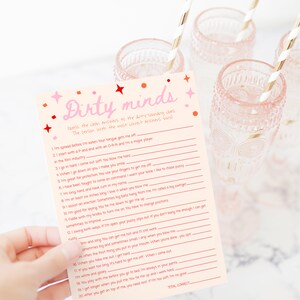May include: A pink and red printable game card with the title "Dirty Minds". The game card has 20 questions with a blank space for answers. The questions are suggestive and have a double meaning.