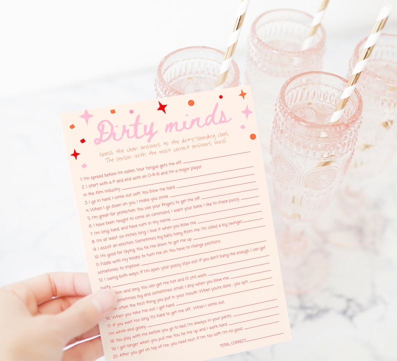 May include: A pink and red printable game card with the title "Dirty Minds". The game card has 20 questions with a blank space for answers. The questions are suggestive and have a double meaning.
