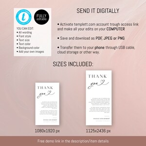 May include: A digital download template for a thank you card with black text on a white background. The text says "Thank you" with a heart symbol. The card is available in two sizes: 1080x1920 pixels and 1125x2436 pixels.