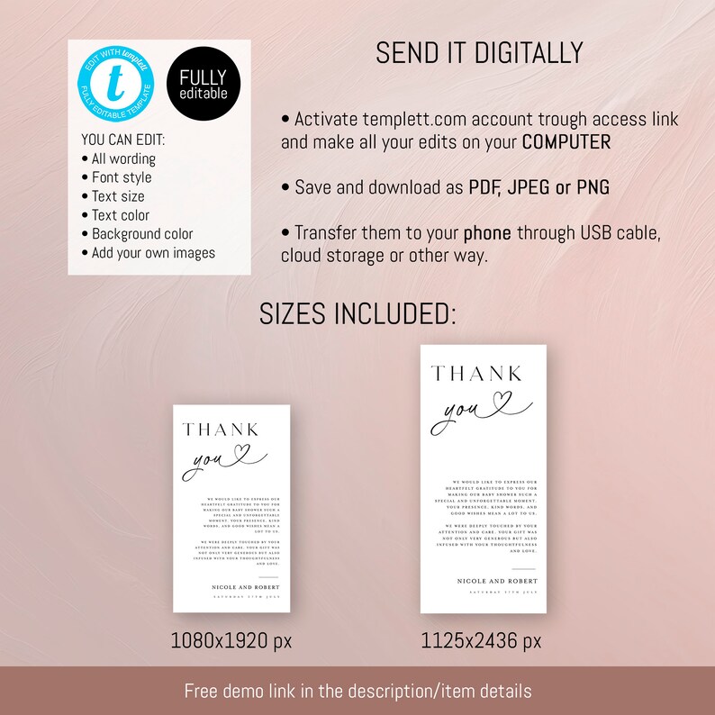 May include: A digital download template for a thank you card with black text on a white background. The text says "Thank you" with a heart symbol. The card is available in two sizes: 1080x1920 pixels and 1125x2436 pixels.