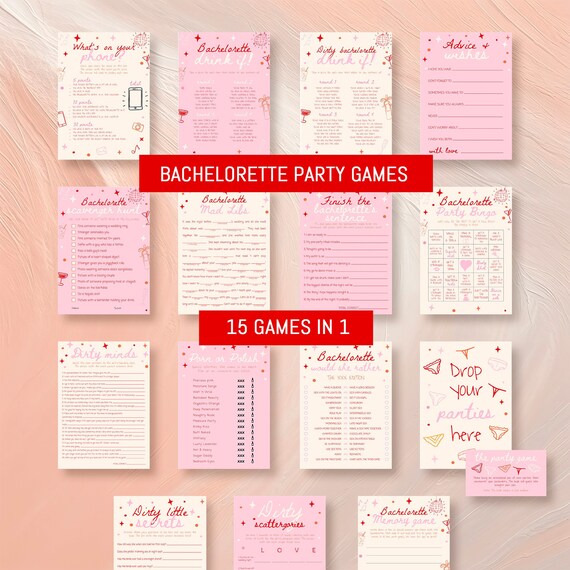Hand Drawn Bachelorette Party Games Bundle, Pink Bachelorette Party Games Printable, Hen Do Dirty Bachelorette Weekend Games Bundle #c97pp