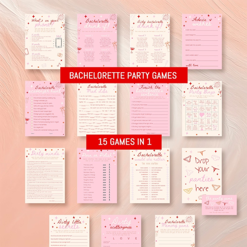 Hand Drawn Bachelorette Party Games Bundle, Pink Bachelorette Party Games Printable, Hen Do Dirty Bachelorette Weekend Games Bundle #c97pp image 1
