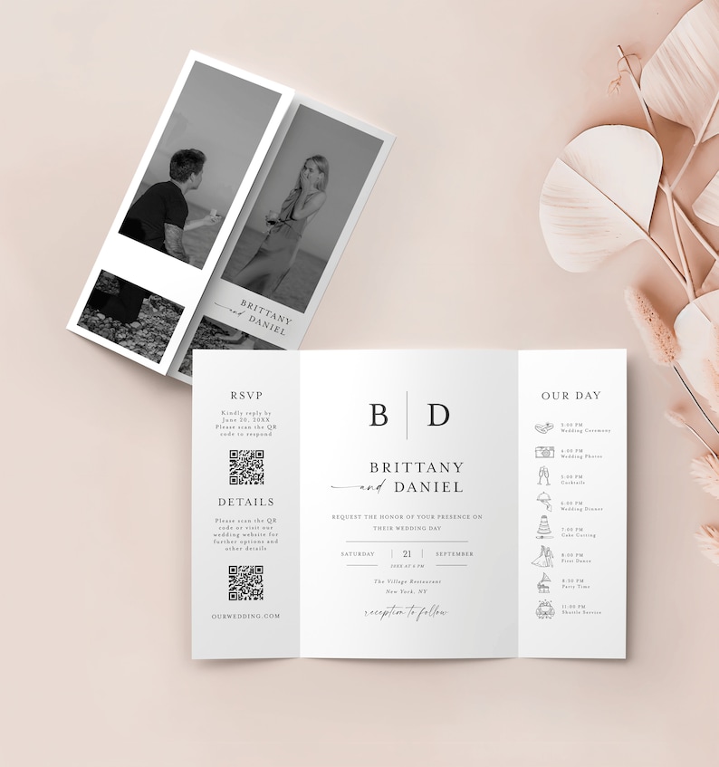 Gatefold Wedding Invitation With QR Code, Wedding Invite Template, Monogram Gate Fold, QR Code RSVP, 100% Editable, Details, Timeline f37m image 2