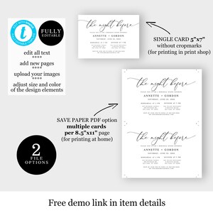 May include: Printable invitation template for a rehearsal dinner. The template features a black and white design with the text "The night before" and the names "Annette & Gordon". The template is available in two file options: a single 5x7 inch card for printing at a print shop or a save paper PDF option with multiple cards per 8.5x11 inch page for printing at home.