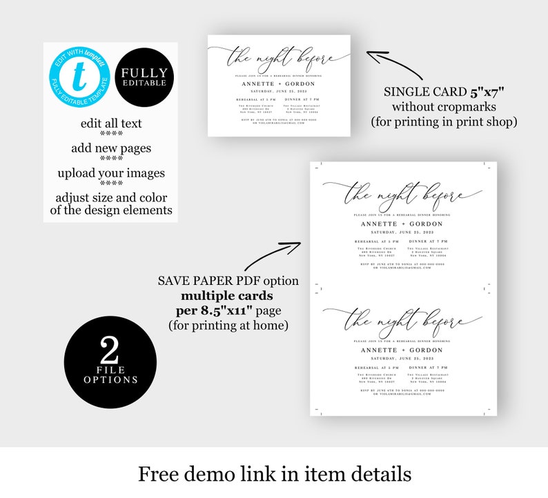 May include: Printable invitation template for a rehearsal dinner. The template features a black and white design with the text "The night before" and the names "Annette & Gordon". The template is available in two file options: a single 5x7 inch card for printing at a print shop or a save paper PDF option with multiple cards per 8.5x11 inch page for printing at home.