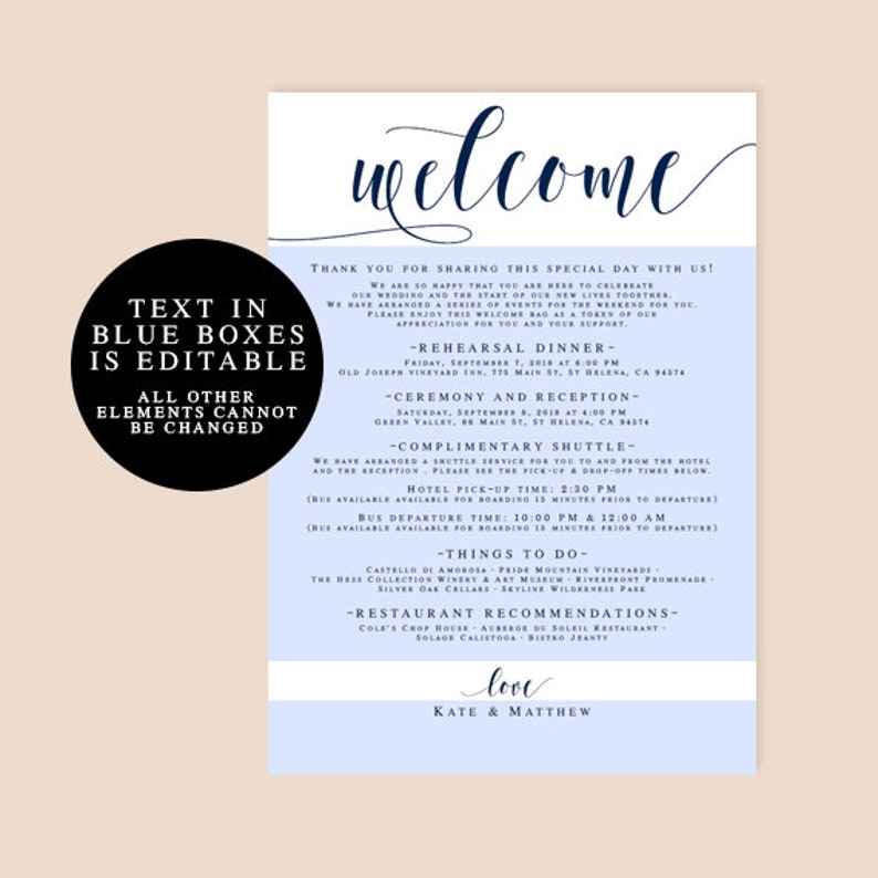 Navy wedding template Wedding itinerary instant download Editable wedding welcome bag note Navy wedding Nautical wedding decorations vm23 image 3