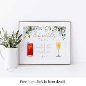 Bloody Mary And Mimosa Bar Sign Template, Bloody and Bubbly, Instant Download, Templett, Bridal Brunch, Shower, Greenery Gold, Garden #c61