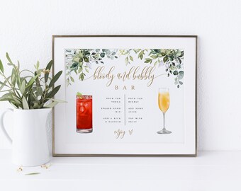 Bloody Mary And Mimosa Bar Sign Template, Bloody and Bubbly, Instant Download, Templett, Bridal Brunch, Shower, Greenery Gold, Garden #c61