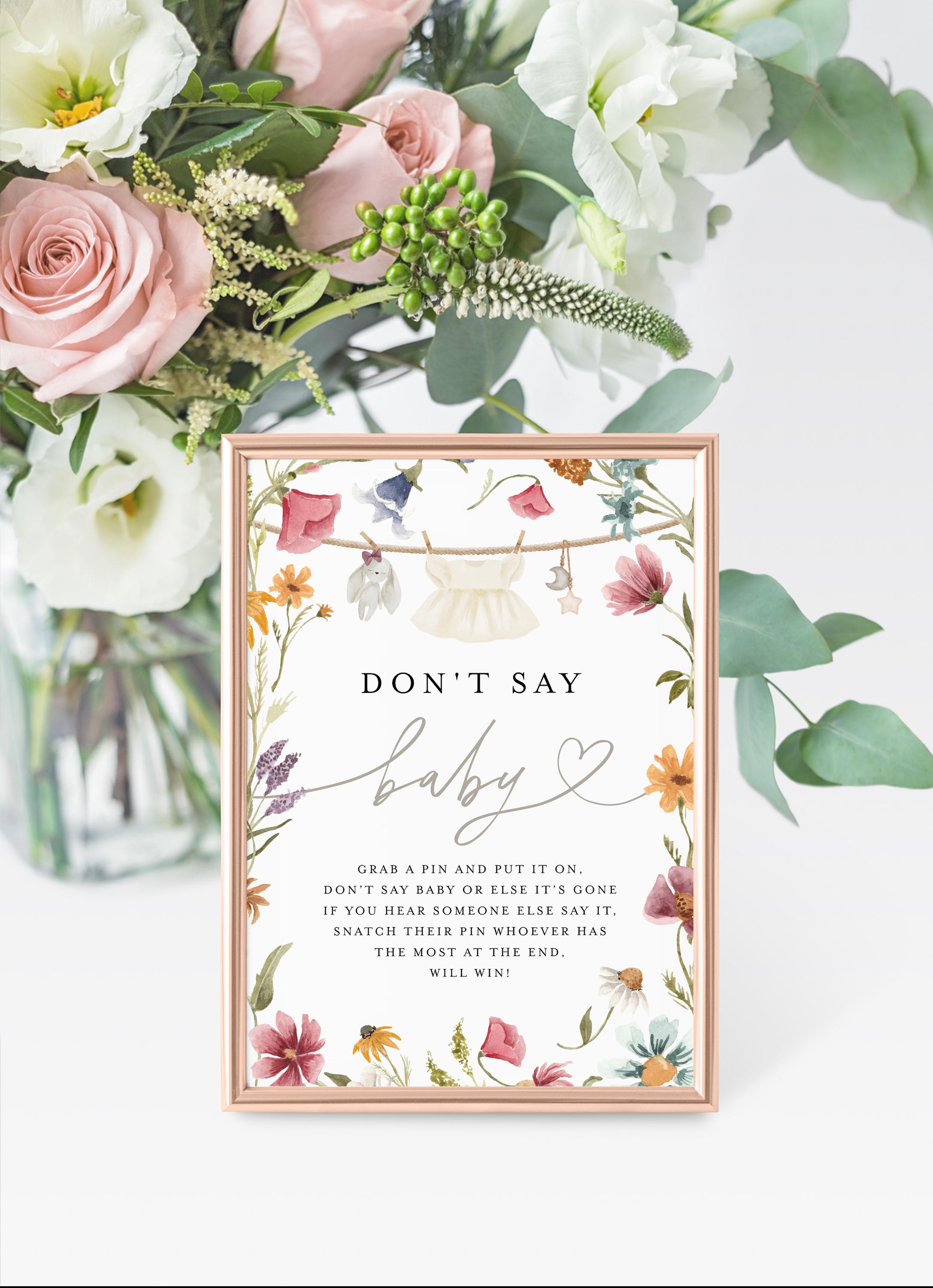 Wildflower Don't Say Baby Game – Baby Shower Clothespin Set With Sign & 50 Pins