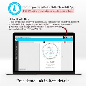 May include: A laptop screen displaying a wedding invitation template with a floral wreath design. The template is being edited in the Templett app. The text on the invitation reads "Krista and Matthew" and "SAT | 26 | SEP 2020 AT 6 PM". The text "Free demo link in item details" is displayed below the laptop.