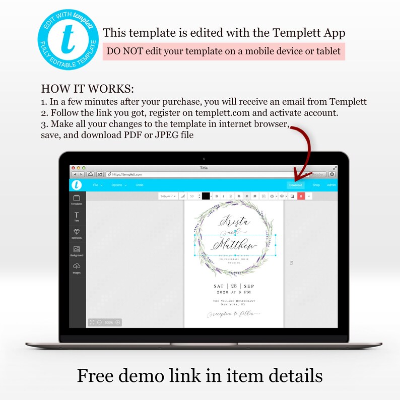 May include: A laptop screen displaying a wedding invitation template with a floral wreath design. The template is being edited in the Templett app. The text on the invitation reads "Krista and Matthew" and "SAT | 26 | SEP 2020 AT 6 PM". The text "Free demo link in item details" is displayed below the laptop.