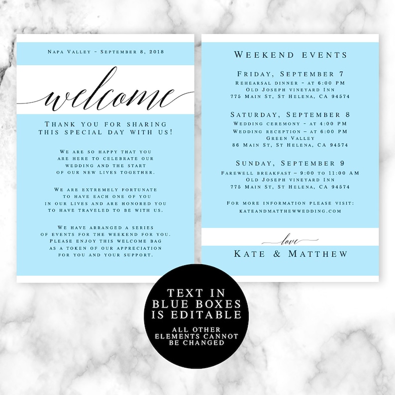 Editable wedding welcome note Wedding welcome bag note printable Wedding template itinerary download Itinerary template printable DIY vm51 image 2