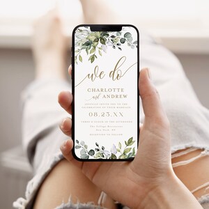 May include: A digital wedding invitation featuring a green and white floral design. The text reads "we do" in gold script, followed by "Charlotte and Andrew" and the date "08.23.XX". The invitation also includes the time and location of the wedding ceremony and reception.