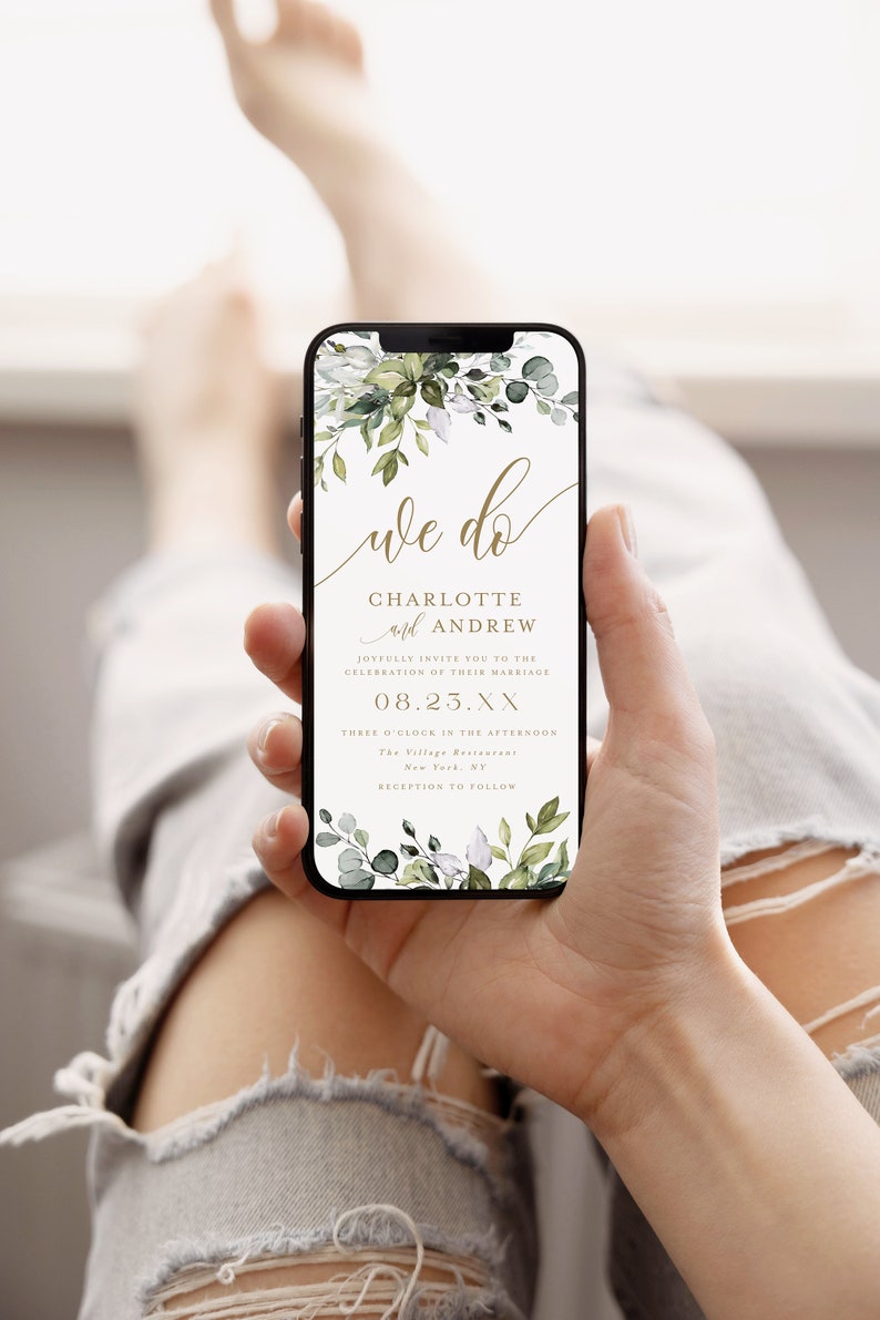 May include: A digital wedding invitation featuring a green and white floral design. The text reads "we do" in gold script, followed by "Charlotte and Andrew" and the date "08.23.XX". The invitation also includes the time and location of the wedding ceremony and reception.
