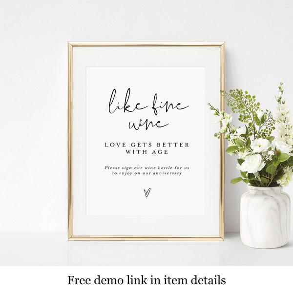 Minimalist Like Wine Love Gets Better With Age Sign Template, Please Sign Our Wine Bottle, Templett, Guest Book Ideas, DIY Personalized #f35