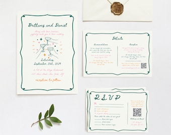 Hochzeitseinladungen Set, Hochzeitseinladungen Set Handgezeichnet Orange, Handgezeichnete Hochzeitseinladung #C97