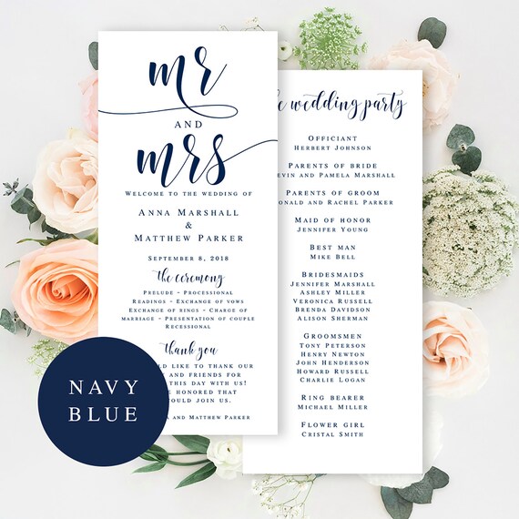 Navy Blue Wedding Program Template Navy Wedding Programs Etsy