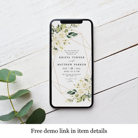 Wedding Evite, Electronic Invitation Template, Text Message, Paperless, Personalized, Bohemian, Gold Geometric, White Roses Floral #vmt3116