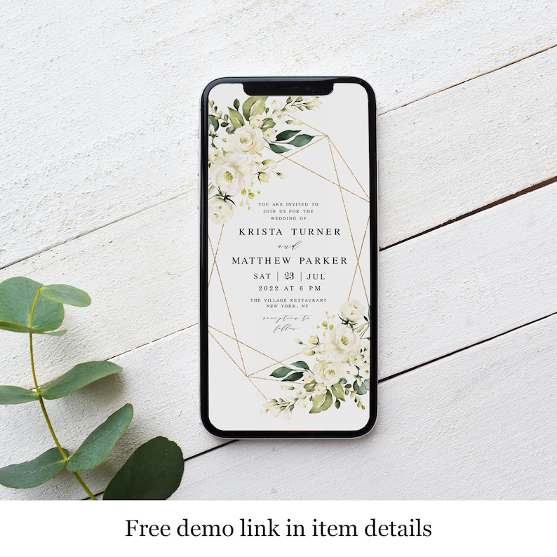 May include: A digital wedding invitation with a gold geometric design and white flowers. The text reads "You are invited to join us for the wedding of Krista Turner and Matthew Parker Sat 23 Jul 2022 at 6 PM The Village Restaurant New York, NY"