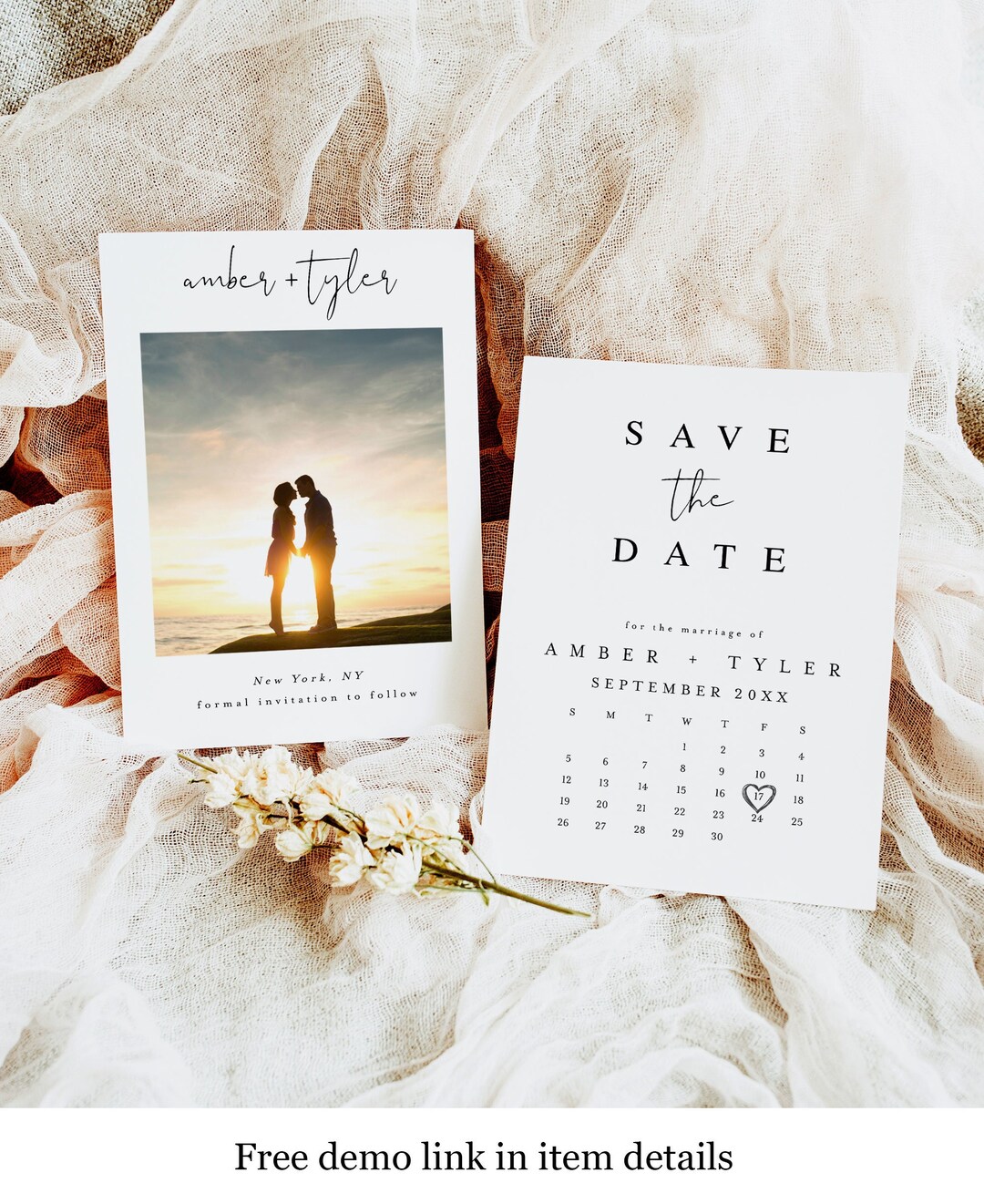 Save the Date Card, Calendar, Photo, DIY Wedding Announcement, Templett, Download, Minimalist
