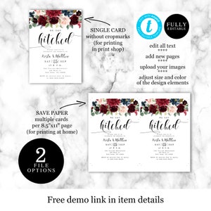 Bohemian Reception Party Invitation Template, Elopement, Printable, Fully editable, Marsala Floral, Navy Burgundy, We Got Hitched vmt118 image 2