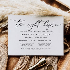 May include: A white invitation card with black text announcing a rehearsal dinner for Annette and Gordon. The event will take place on Saturday, June 25, 2023, with a rehearsal at 5 PM at The Riverside Church and dinner at 7 PM at The Village Restaurant.
