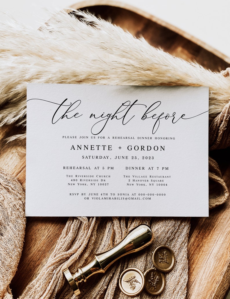 May include: A white invitation card with black text announcing a rehearsal dinner for Annette and Gordon. The event will take place on Saturday, June 25, 2023, with a rehearsal at 5 PM at The Riverside Church and dinner at 7 PM at The Village Restaurant.
