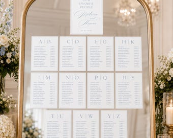 Light Blue Hanging Seating Chart Card, Printed Alphabetical Wedding Table Plan, Old Money Hanging Guest List Card, Reception Seating Chart