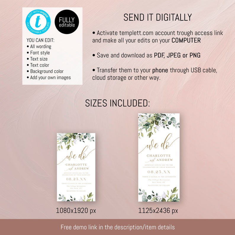 May include: A digital wedding invitation template featuring a green and gold design. The text reads "We do" with the names Charlotte and Andrew and the date 08.23.XX. The template is available in two sizes: 1080x1920 pixels and 1125x2436 pixels.