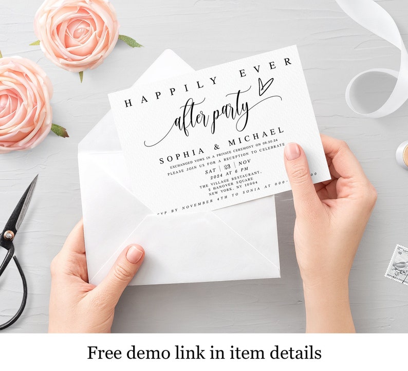 Templett Invitation, Reception Party Template, Happily Ever After Party, Elopement, Digital Download, Fully Editable, Printable Invite f27 image 1