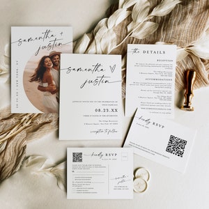 Modelo de convite de casamento, cartão postal RSVP com código QR, convite minimalista moderno, convite de casamento redondo com foto, cartão de resposta com código QR #f37