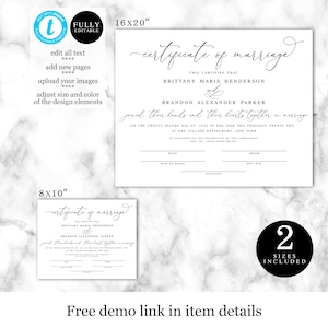 Certificate Of Marriage Template, Printable, Wedding Keepsake, 100% Editable, Instant Download, Print At Home, Unique, Elegant, DIY vmt10 image 2